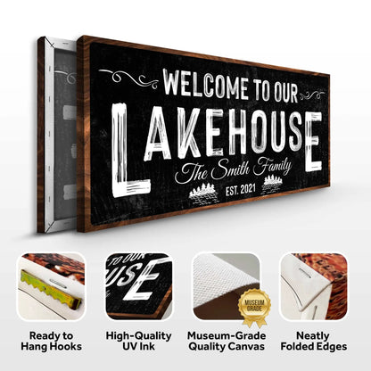 Welcome To Our Lakehouse Canvas Sign by Tailored Canvases with rustic wood frame on Tampa Home & Garden Store