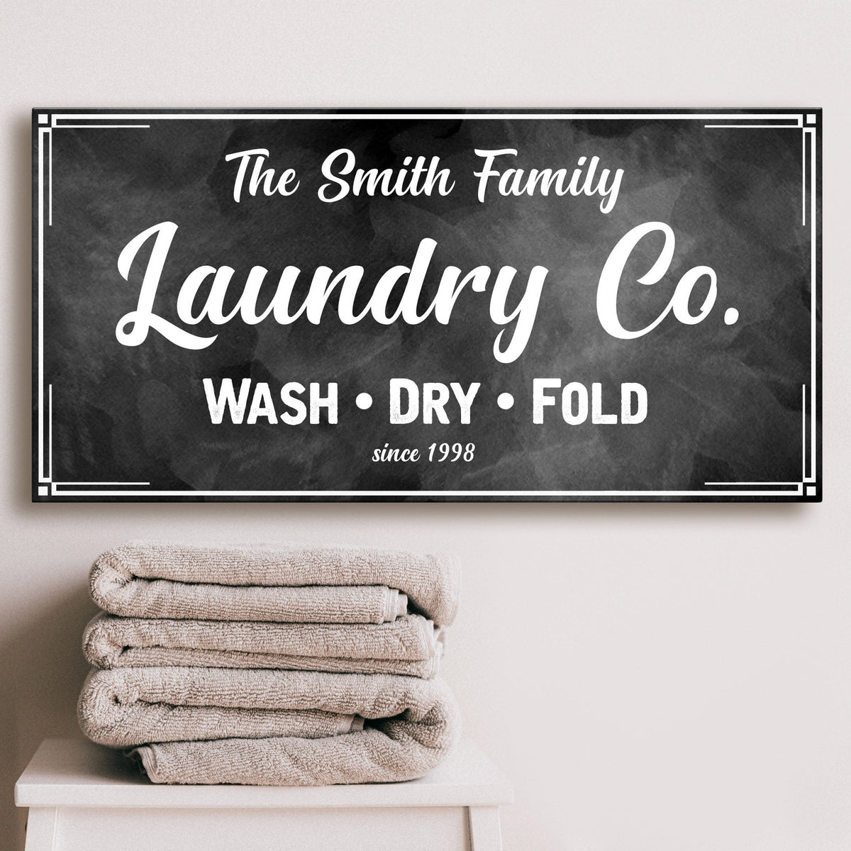 Canvas sign The Smith Family Laundry Co. chalkboard white script with border Tailored Canvases on Tampa Home & Garden Store