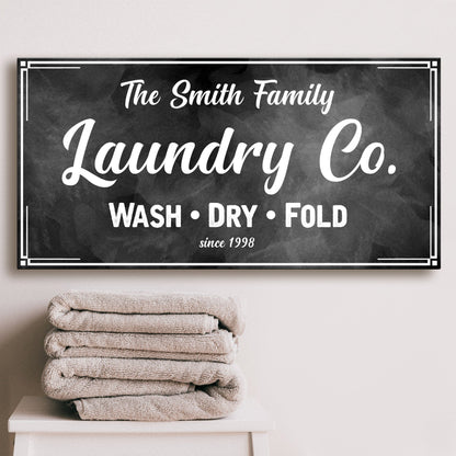 Canvas sign The Smith Family Laundry Co. chalkboard white script with border Tailored Canvases on Tampa Home & Garden Store