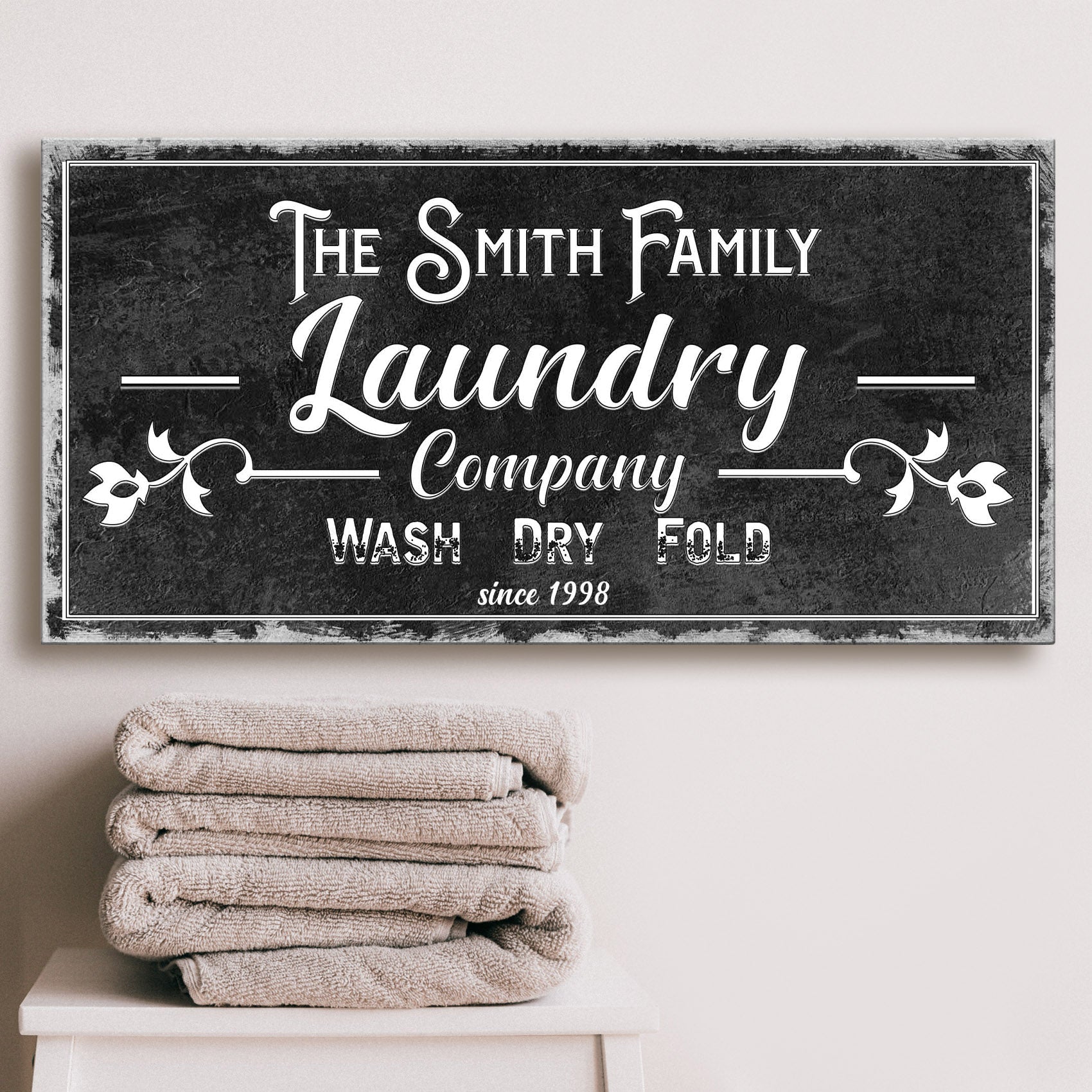 Family Laundry Company Sign canvas with black surface white lettering Tailored Canvases on Tampa Home & Garden Store
