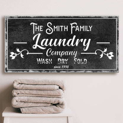 Family Laundry Company Sign canvas with black surface white lettering Tailored Canvases on Tampa Home & Garden Store