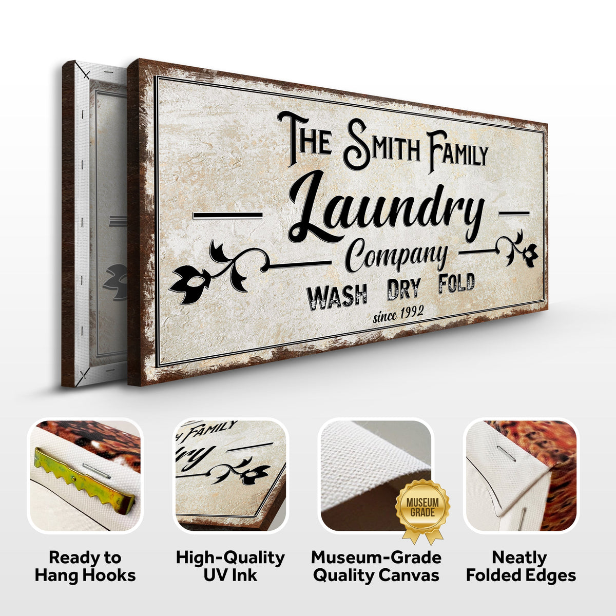 Family Laundry Company Sign canvas by Tailored Canvases, vintage beige with black lettering on Tampa Home & Garden Store