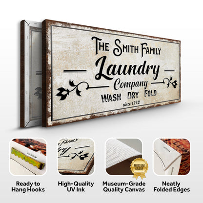 Family Laundry Company Sign canvas by Tailored Canvases, vintage beige with black lettering on Tampa Home & Garden Store