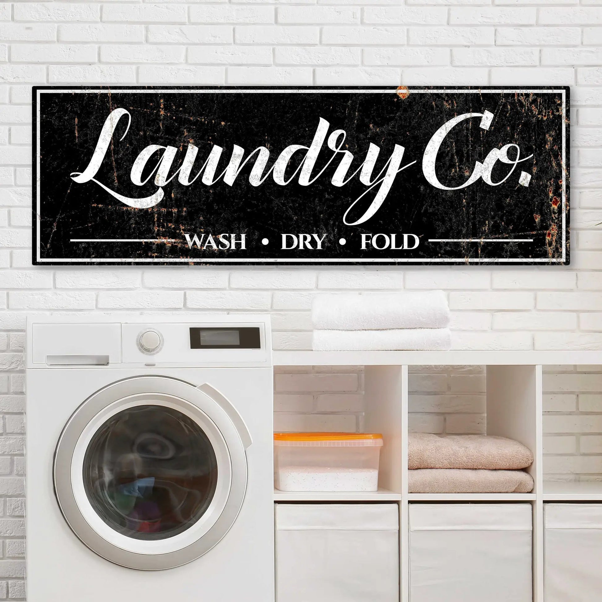 Canvas sign Laundry Co Wash Dry Fold by Tailored Canvases, distressed black with white script on Tampa Home & Garden Store
