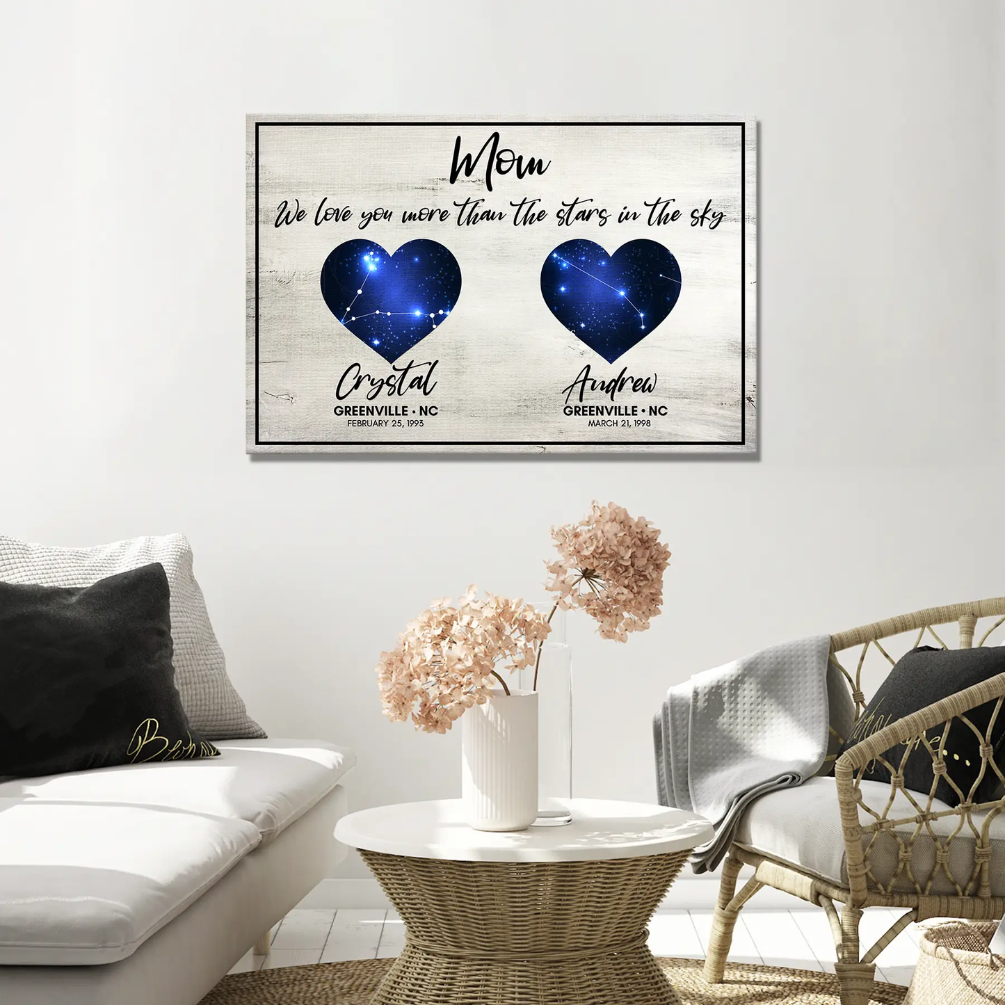 Canvas sign We Love You More Than The Stars In Sky with two blue starry hearts Crystal Andrew on Tampa Home & Garden Store