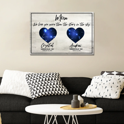 Canvas sign We Love You More Than The Stars In The Sky Sign with two blue starry hearts on Tampa Home & Garden Store