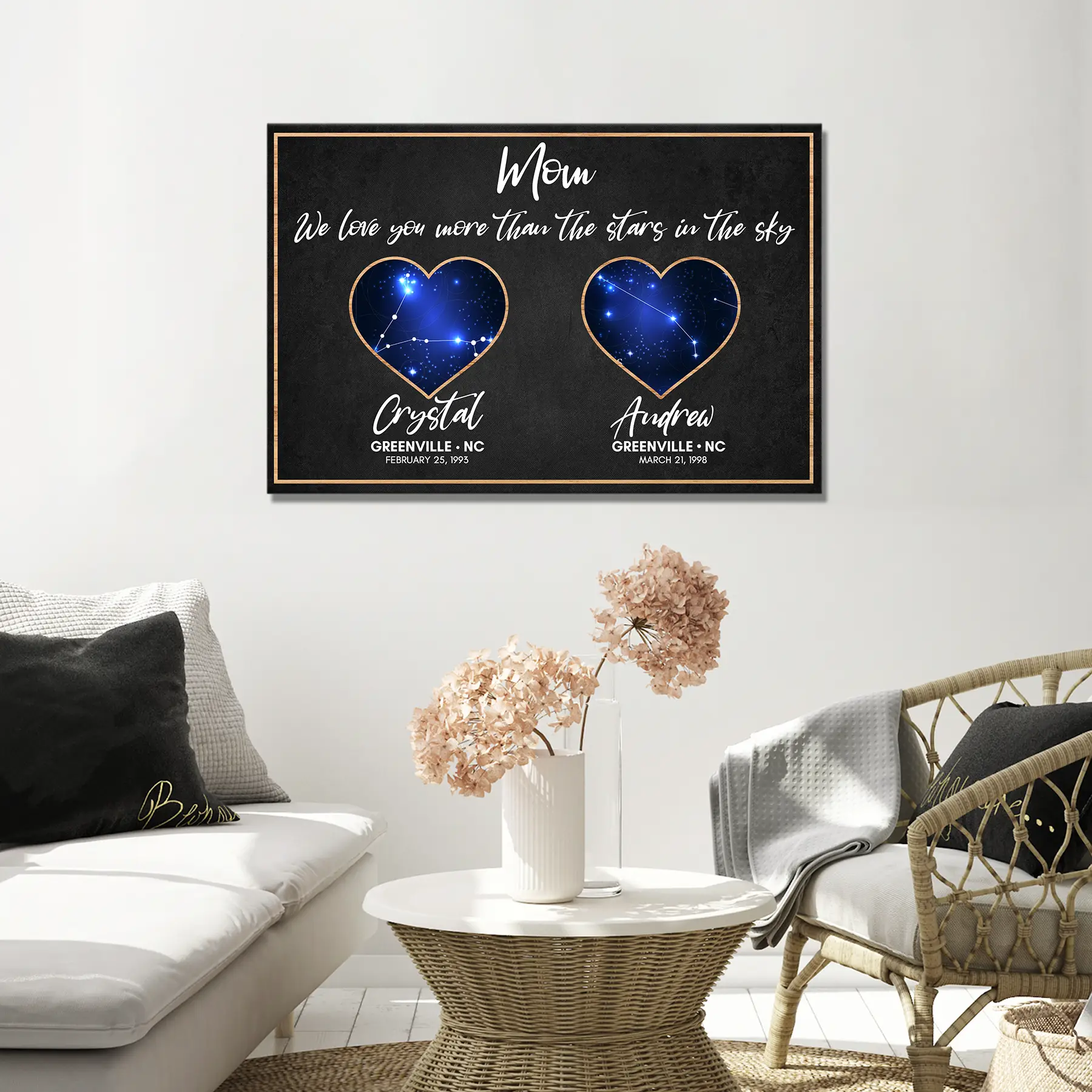 Canvas sign with blackboard backdrop and copper frame featuring blue constellation heart windows on Tampa Home & Garden Store