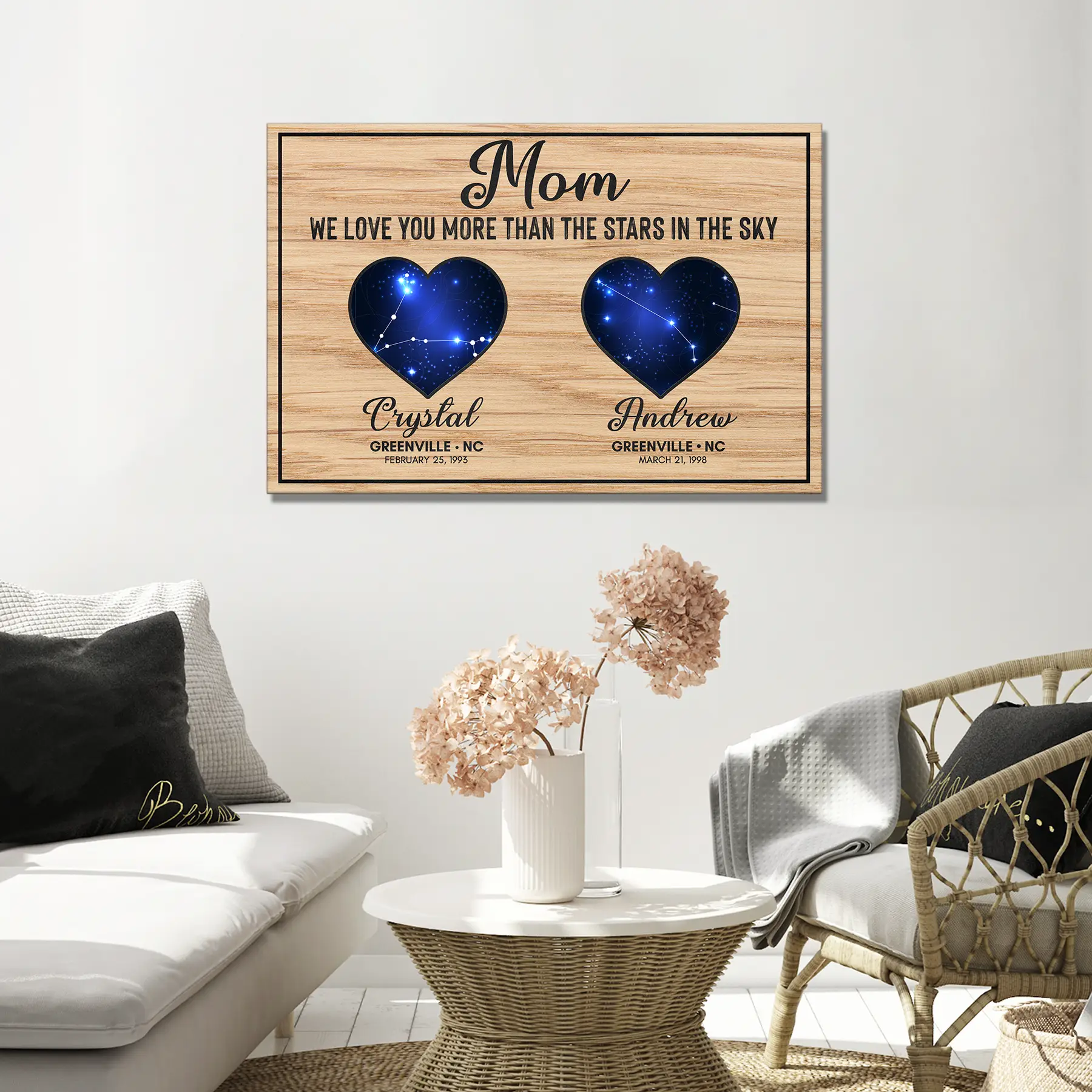We Love You More Than The Stars In The Sky Sign canvas by Tailored Canvases, woodgrain panel with Mom and two blue starry hearts on Tampa Home & Garden Store