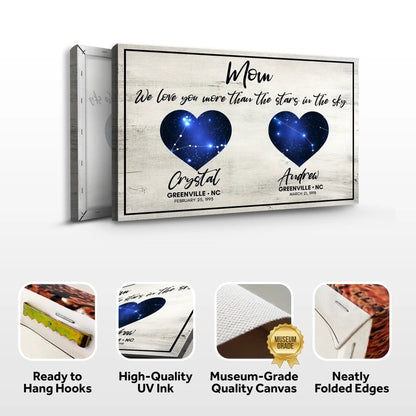 Canvas sign We Love You More Than The Stars In The Sky with two blue starry hearts on wood on Tampa Home & Garden Store