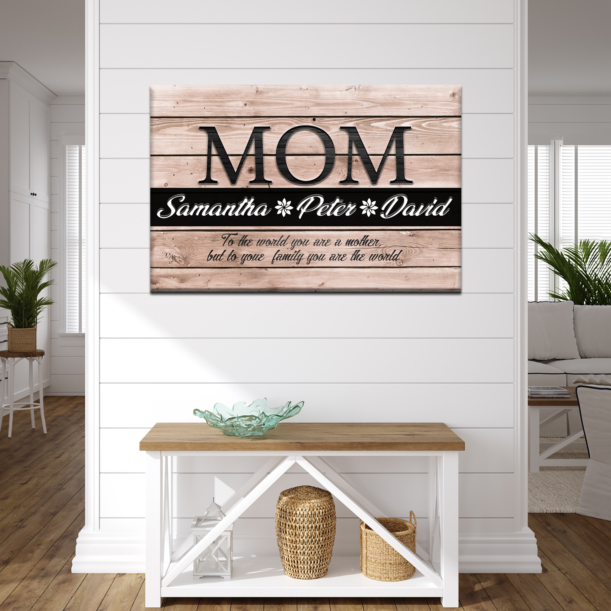 You Are the World Mom Sign canvas on rustic wood planks with bold MOM lettering on Tampa Home & Garden Store