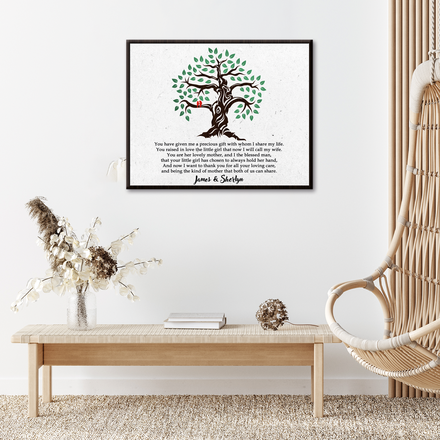Thank You Mother-in-Law Sign canvas with a stylized brown tree and green leaves in a dark wood frame on Tampa Home & Garden Store