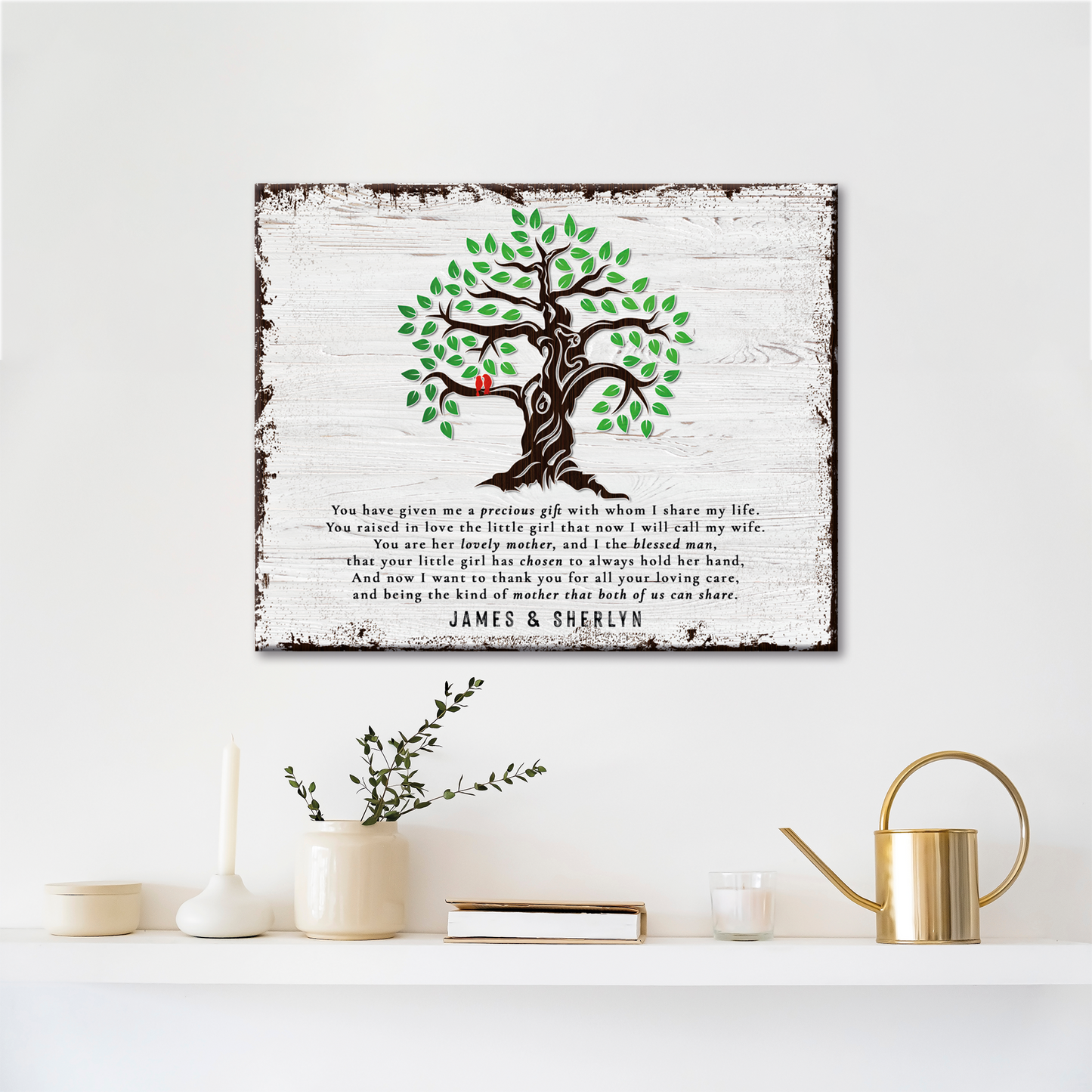 Thank You Mother-in-Law Sign canvas with brown tree and green leaves on white wood on Tampa Home & Garden Store