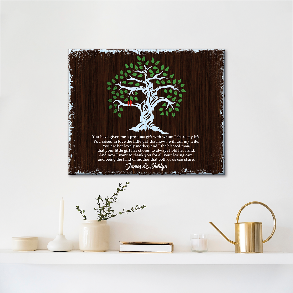 Thank You Mother-in-Law Sign canvas with white tree and green leaves on dark wood background on Tampa Home & Garden Store