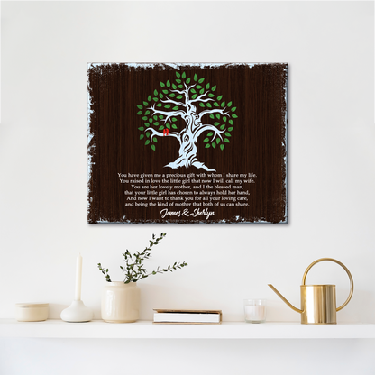Thank You Mother-in-Law Sign canvas with white tree and green leaves on dark wood background on Tampa Home & Garden Store