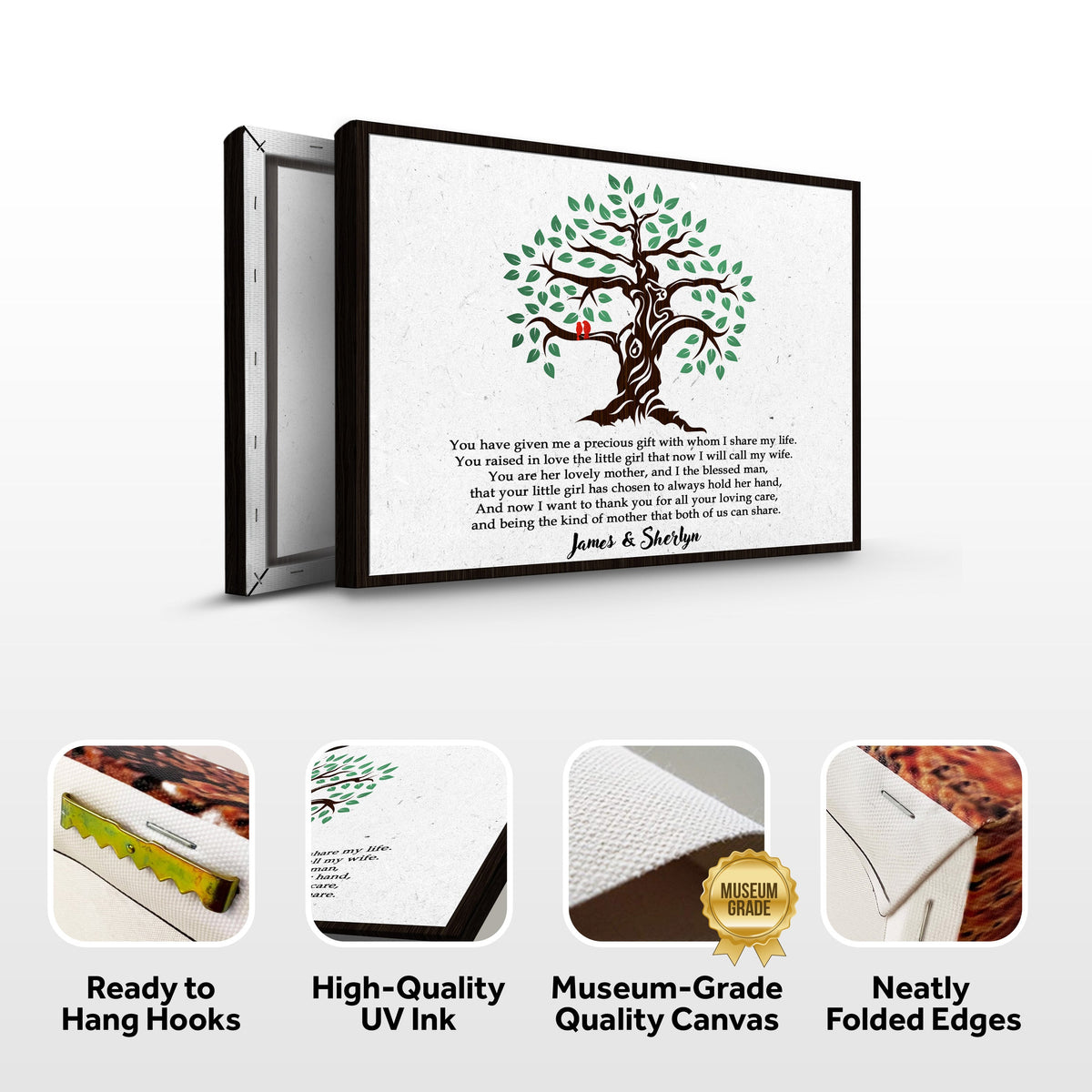 Thank You, Mother-in-Law Sign framed canvas by Tailored Canvases with brown tree and green leaves on Tampa Home & Garden Store