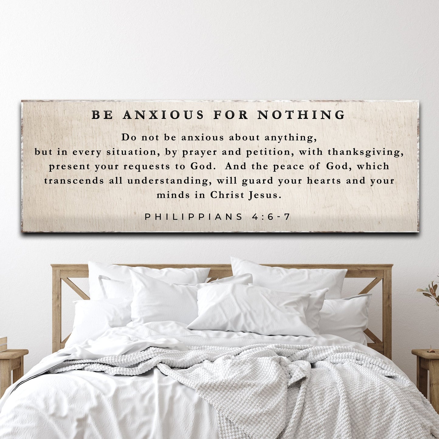 Canvas sign Philippians 4:6-7 Be Anxious For Nothing by Tailored Canvases, wood-textured wall art on Tampa Home & Garden Store
