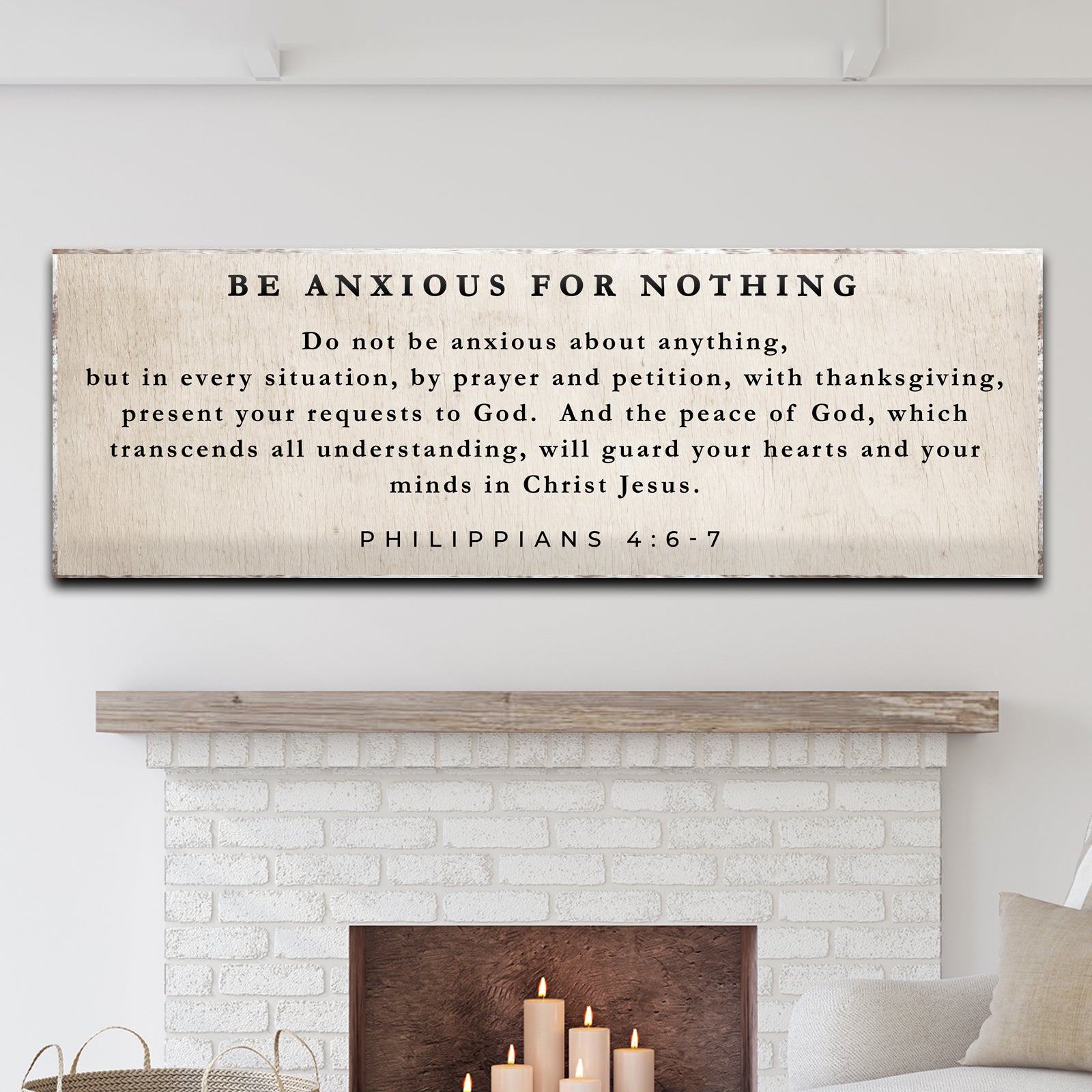 Philippians 4:6-7 Be Anxious For Nothing canvas sign with black text Tailored Canvases on Tampa Home & Garden Store