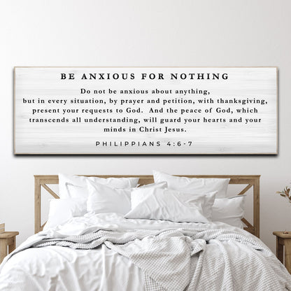Philippians 4:6-7 Be Anxious For Nothing Sign canvas Tailored Canvases, white panel, black text on Tampa Home & Garden Store
