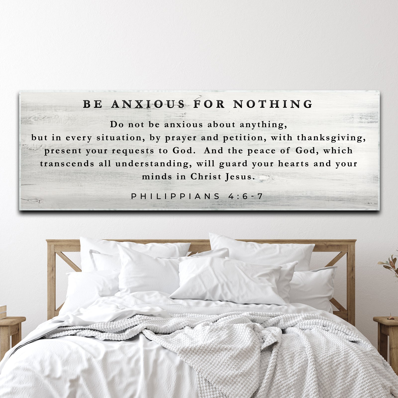 Be Anxious For Nothing sign canvas with wood background and black text by Tailored Canvases on Tampa Home & Garden Store