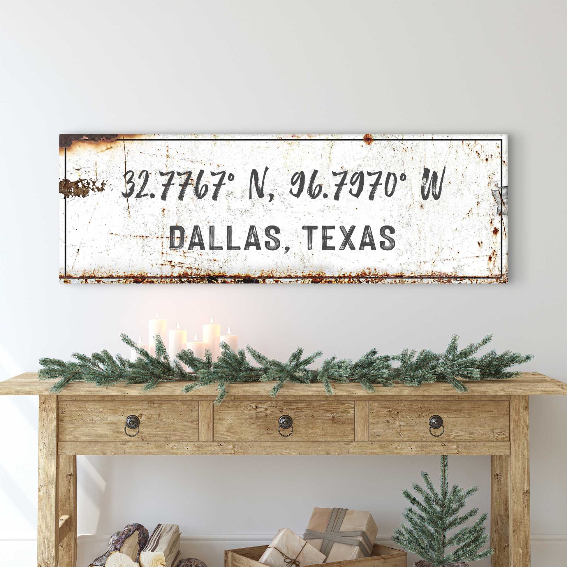 Home Coordinates Rustic Sign canvas by Tailored Canvases with Dallas, Texas coordinates on panel on Tampa Home & Garden Store