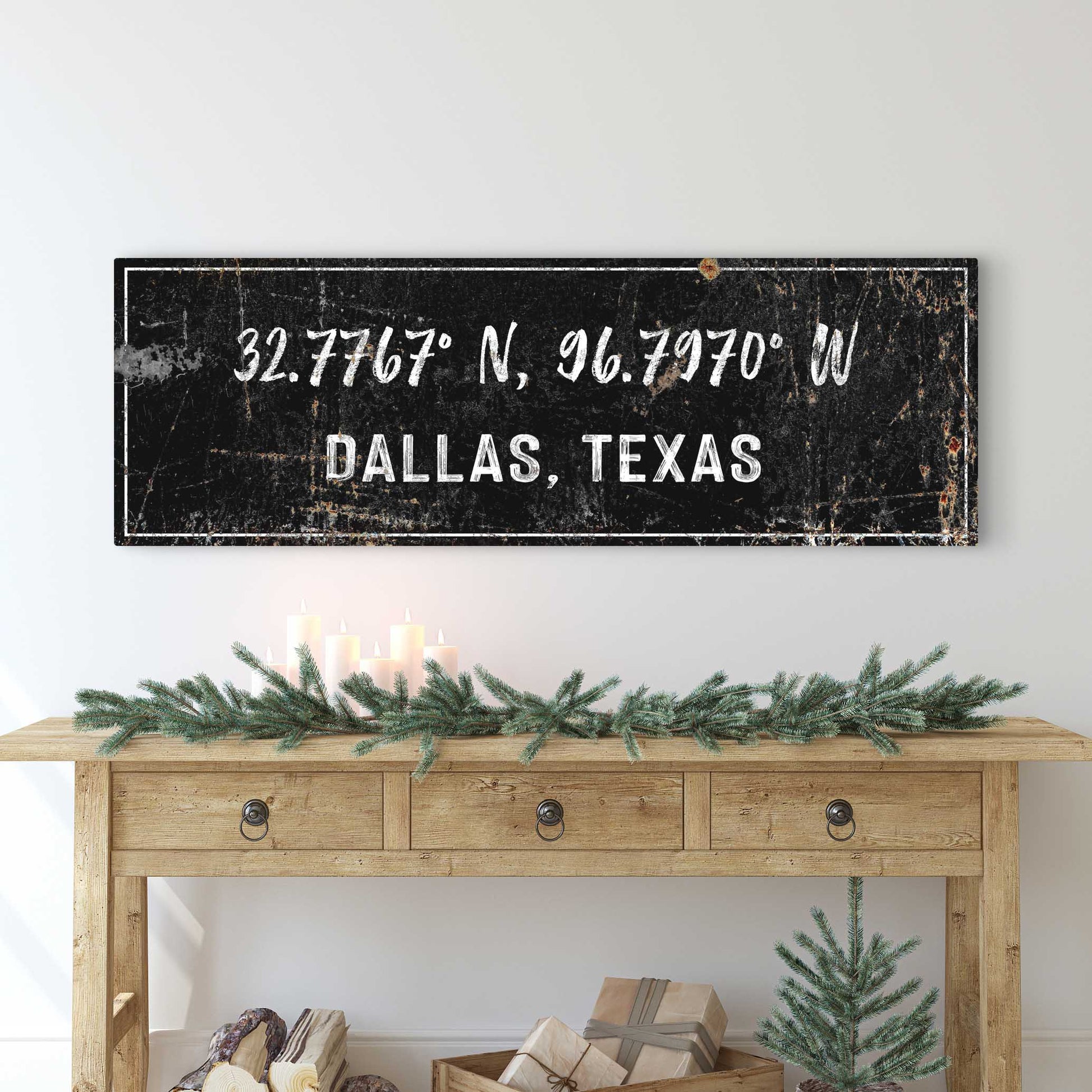 Home Coordinates Rustic Sign canvas wall art in black 32.7767° N, 96.7970° W Dallas TX on Tampa Home & Garden Store