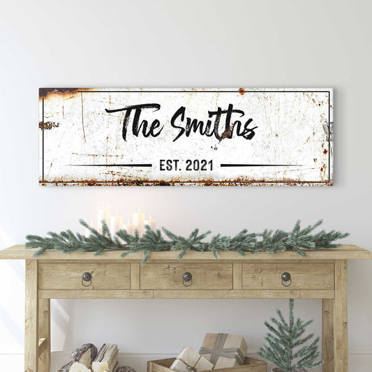Family Rustic Sign canvas by Tailored Canvases; distressed white with script The Smiths on Tampa Home & Garden Store