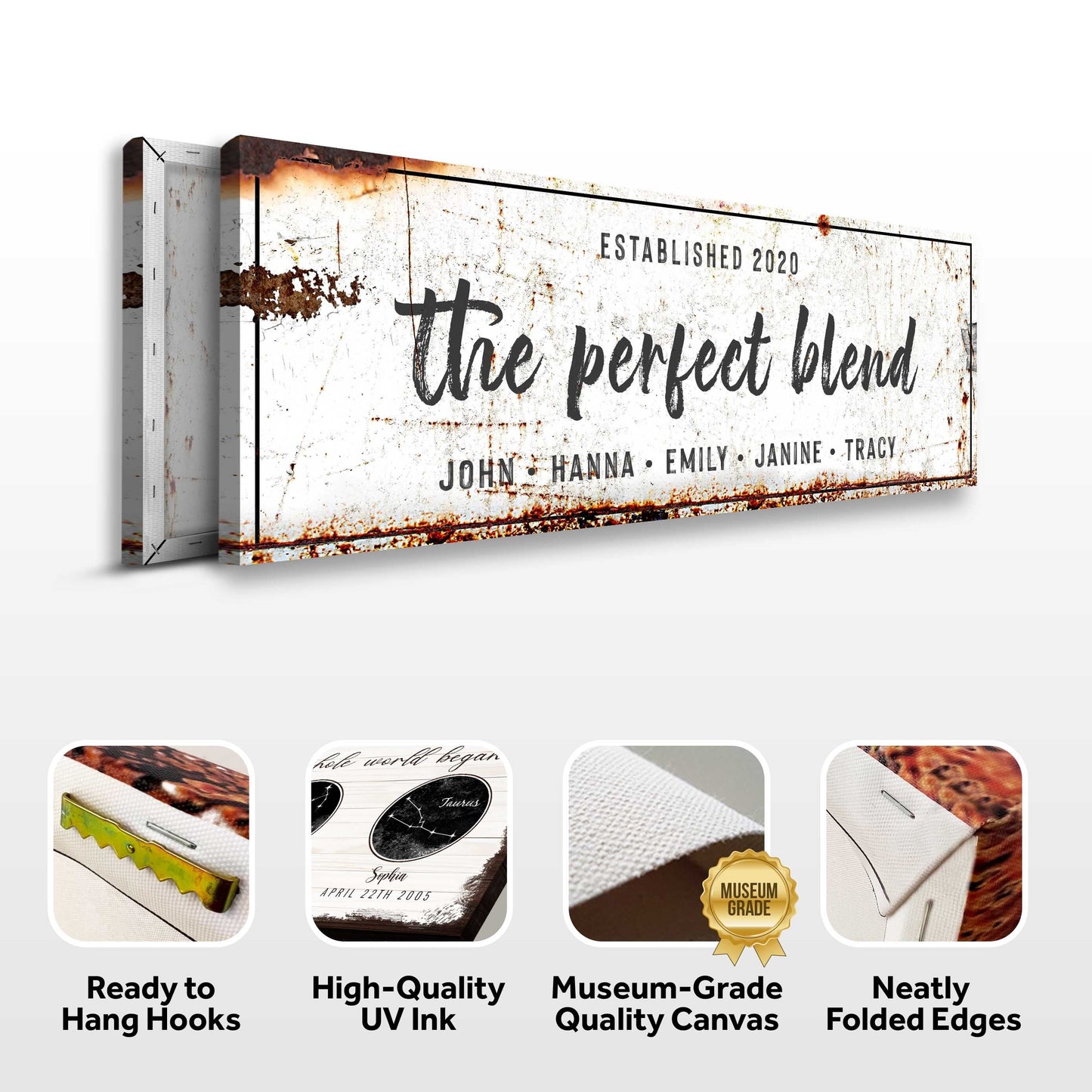 The Perfect Blend Sign canvas by Tailored Canvases, weathered white with rust specks on Tampa Home & Garden Store