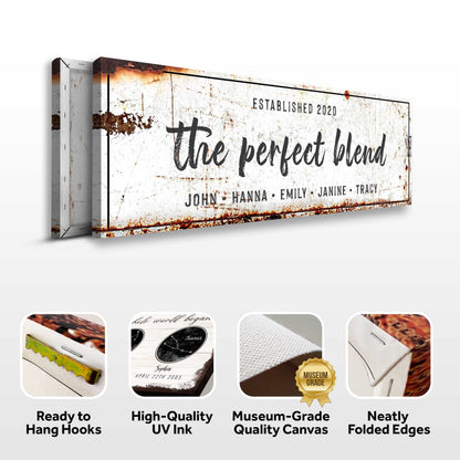 The Perfect Blend Sign canvas by Tailored Canvases, weathered white with rust specks on Tampa Home & Garden Store