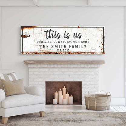 This Is Us rustic Tailored Canvases canvas sign with white background and black script on Tampa Home & Garden Store