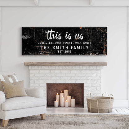 This Is Us Rustic Sign canvas with distressed black surface and white script text on Tampa Home & Garden Store