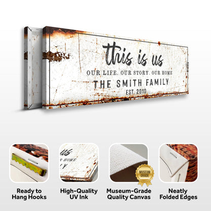 Canvas sign This Is Us Rustic Sign by Tailored Canvases, distressed white with rust marks on Tampa Home & Garden Store