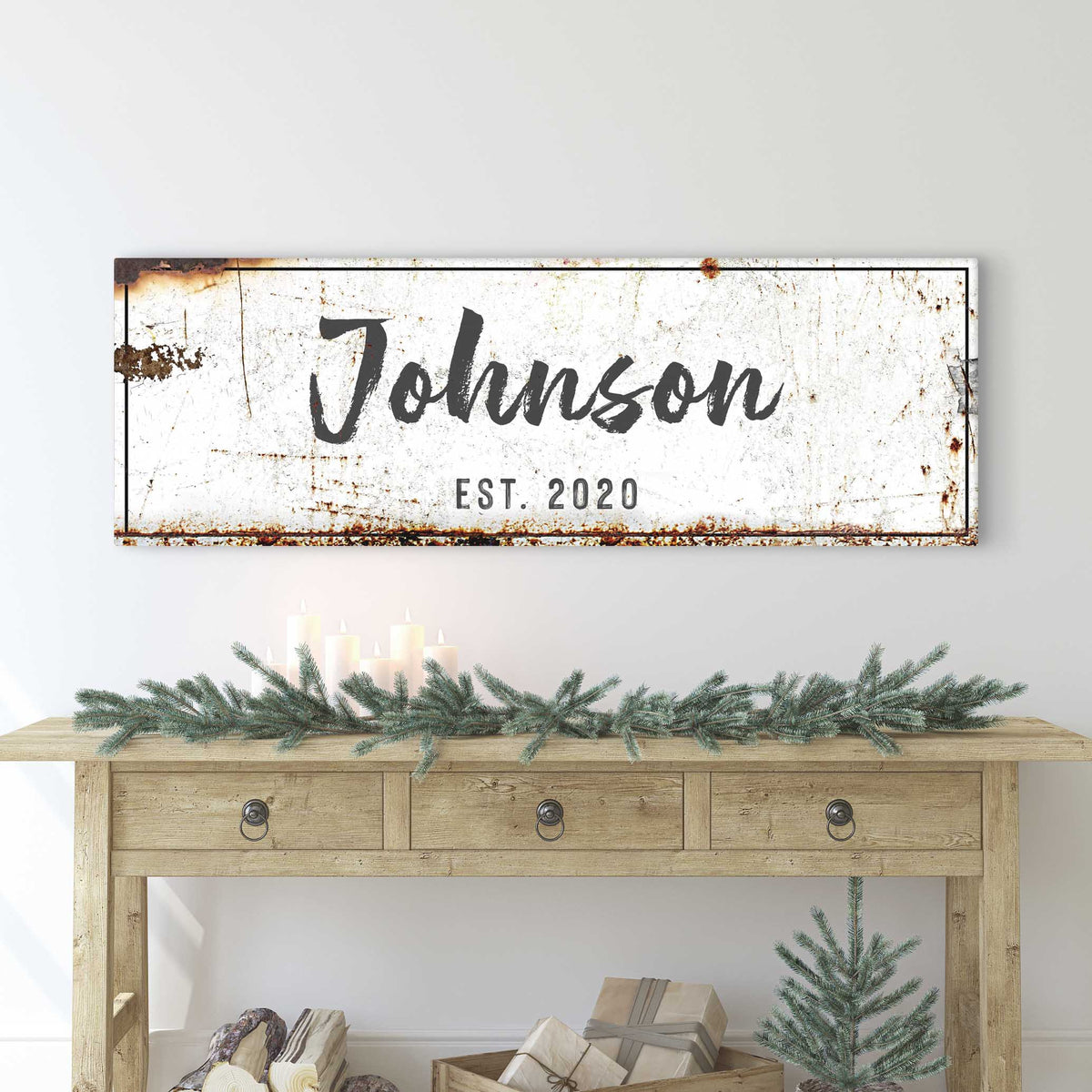Original Family Sign canvas with rustic white surface and black frame featuring Johnson EST. 2020 on Tampa Home & Garden Store