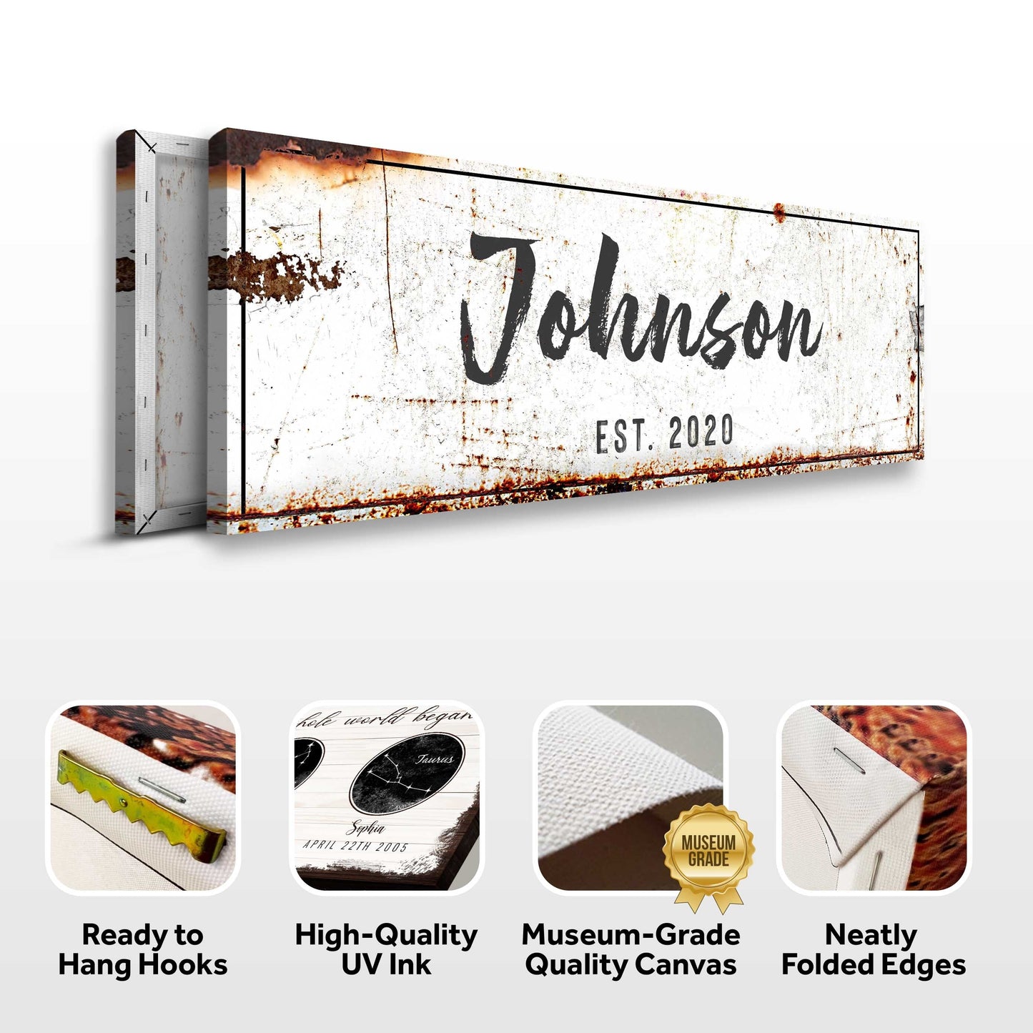 Original Family Sign canvas by Tailored Canvases with rustic white and rust accents on Tampa Home & Garden Store