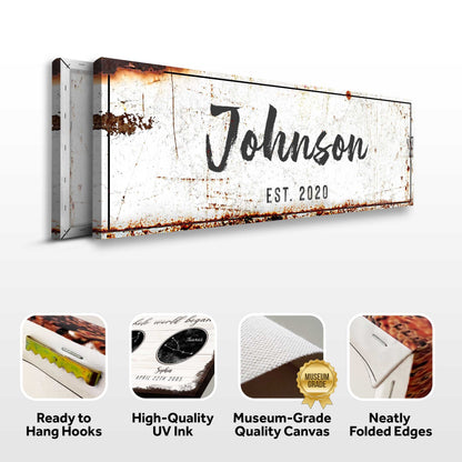 Original Family Sign canvas by Tailored Canvases with rustic white and rust accents on Tampa Home & Garden Store