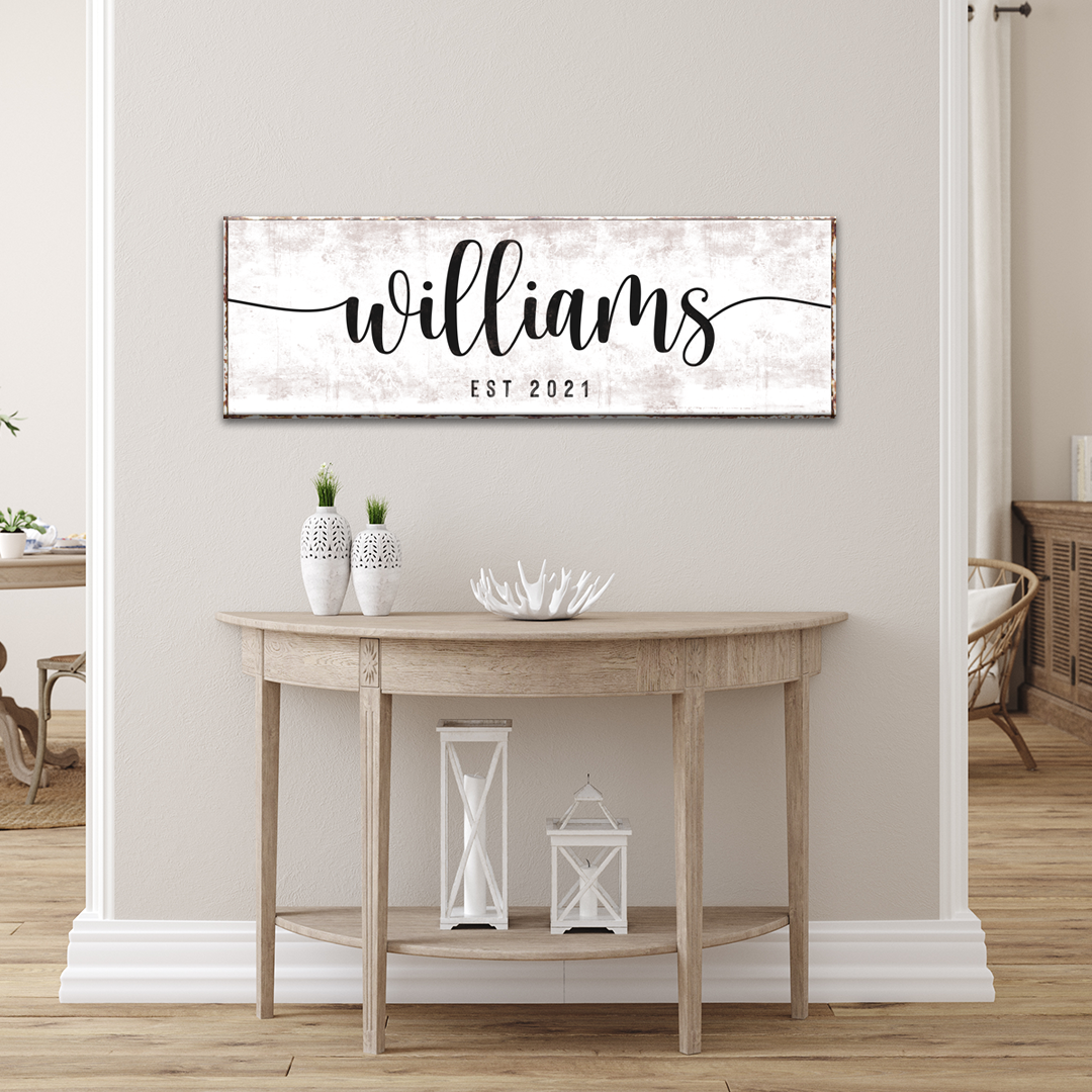 Special Family Sign canvas wall art with white background and black williams EST 2021 on Tampa Home & Garden Store