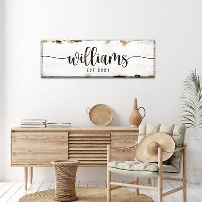Special Family Sign canvas with distressed white plaque, black script Williams EST 2021 on Tampa Home & Garden Store