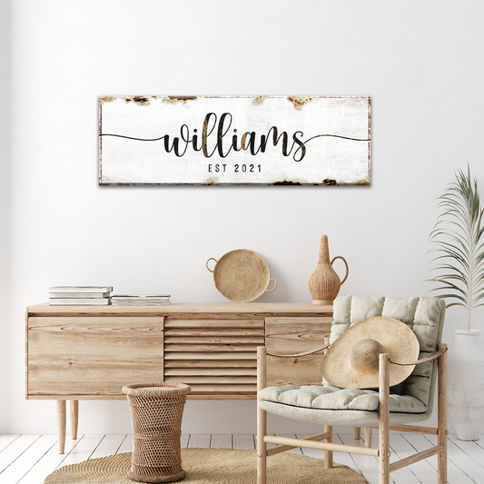 Special Family Sign canvas with distressed white plaque, black script Williams EST 2021 on Tampa Home & Garden Store