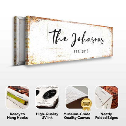 Rustic Family Name Sign canvas by Tailored Canvases with white backdrop and rust border on Tampa Home & Garden Store