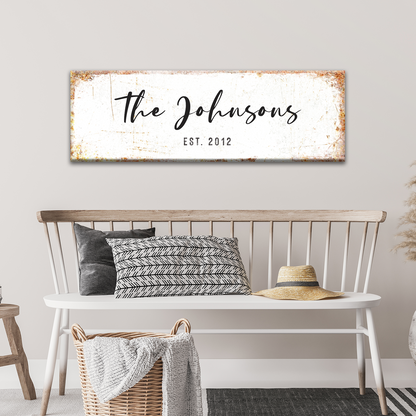 Rustic family name sign canvas with distressed surface and rust border Tailored Canvases on Tampa Home & Garden Store