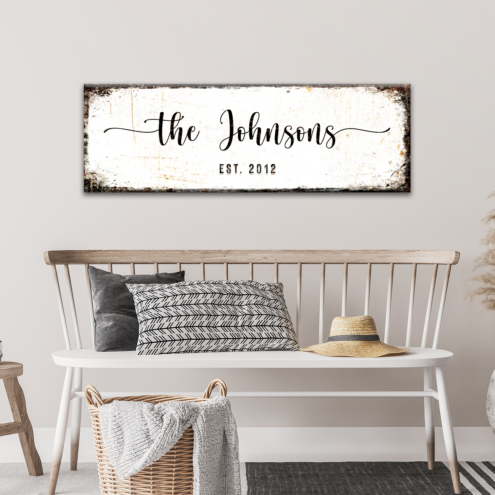 Rustic family name sign canvas white with black frame reads the Johnsons EST 2012 on Tampa Home & Garden Store