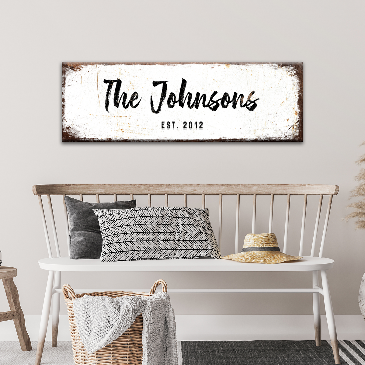 Rustic Family Name Sign canvas Tailored Canvases distressed white The Johnsons EST. 2012 on Tampa Home & Garden Store