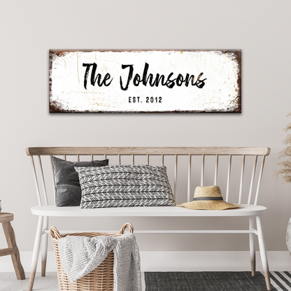 Rustic Family Name Sign canvas Tailored Canvases distressed white The Johnsons EST. 2012 on Tampa Home & Garden Store
