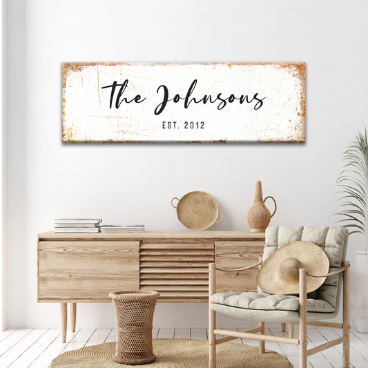 Canvas rustic Johnsons family name sign with distressed white rust edges Tailored Canvases on Tampa Home & Garden Store