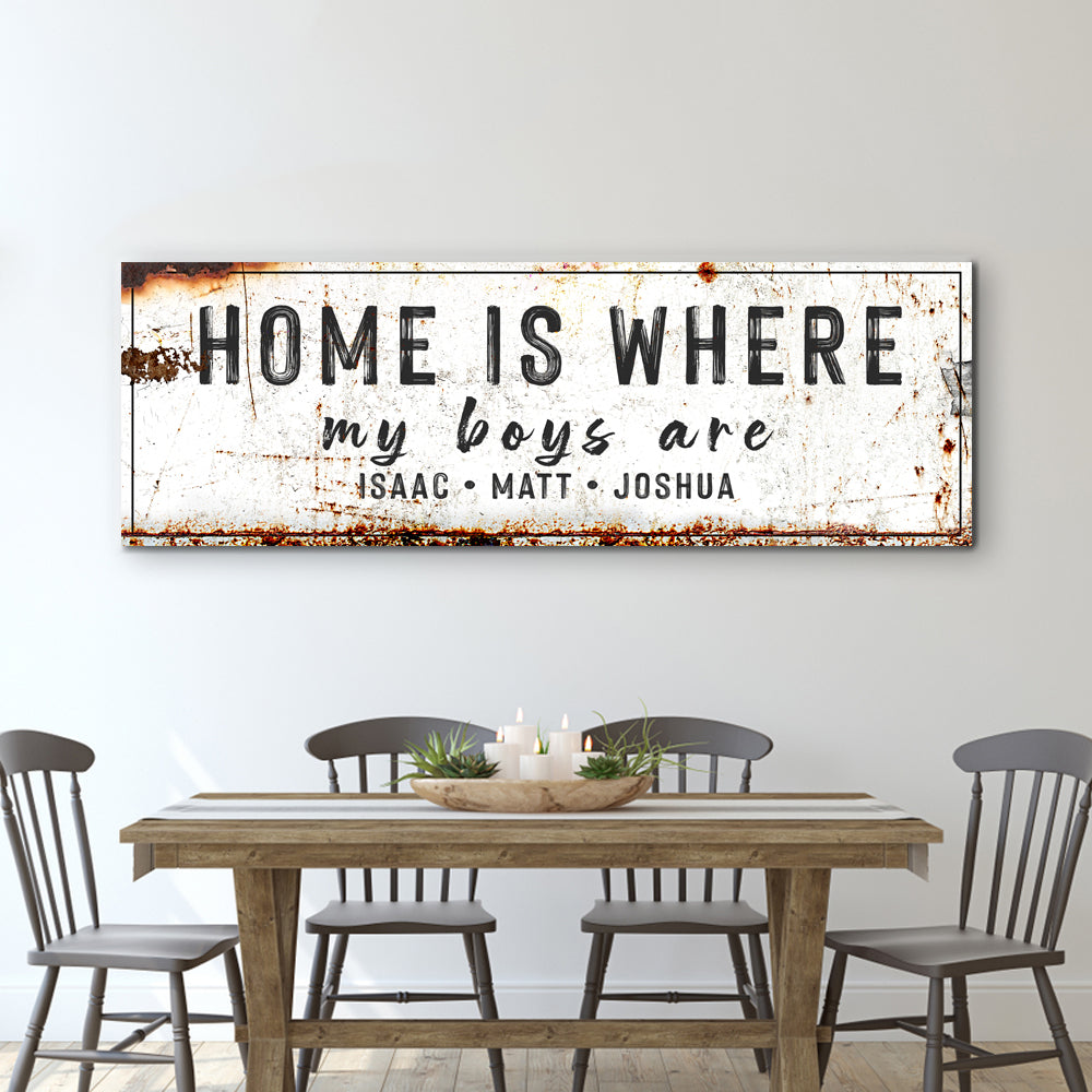 Canvas wall art Home Is Where My Boys Are Family Sign IV by Tailored Canvases, distressed white on Tampa Home & Garden Store