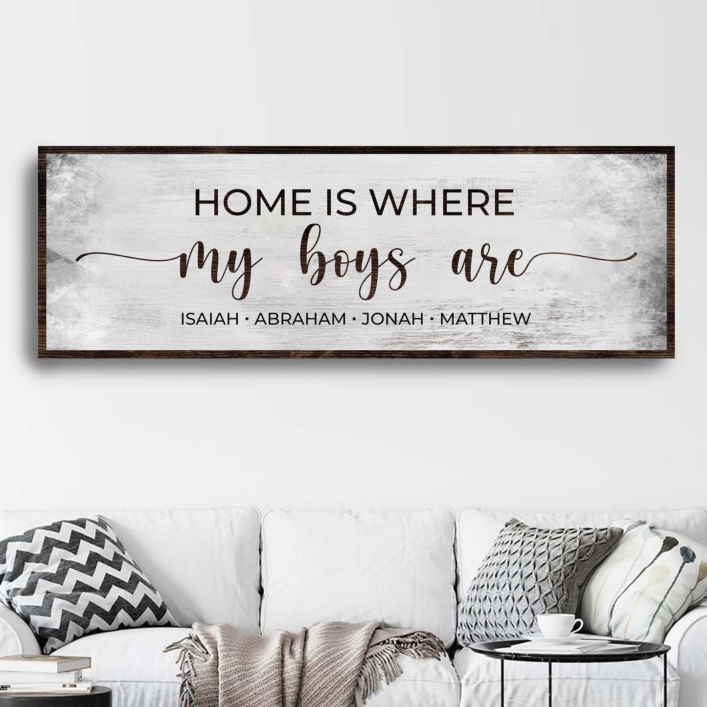 Home Is Where My Boys Are Sign II canvas by Tailored Canvases with dark wood frame on Tampa Home & Garden Store
