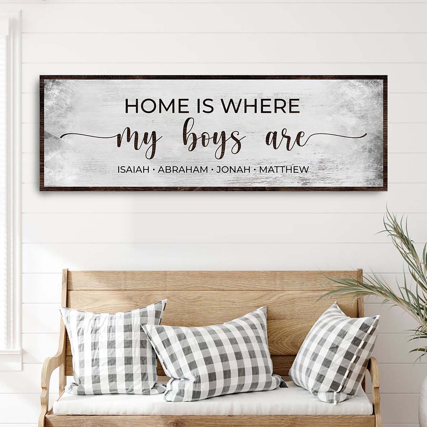 Home Is Where My Boys Are Sign II canvas with rustic distressed whitewash and dark wood frame on Tampa Home & Garden Store