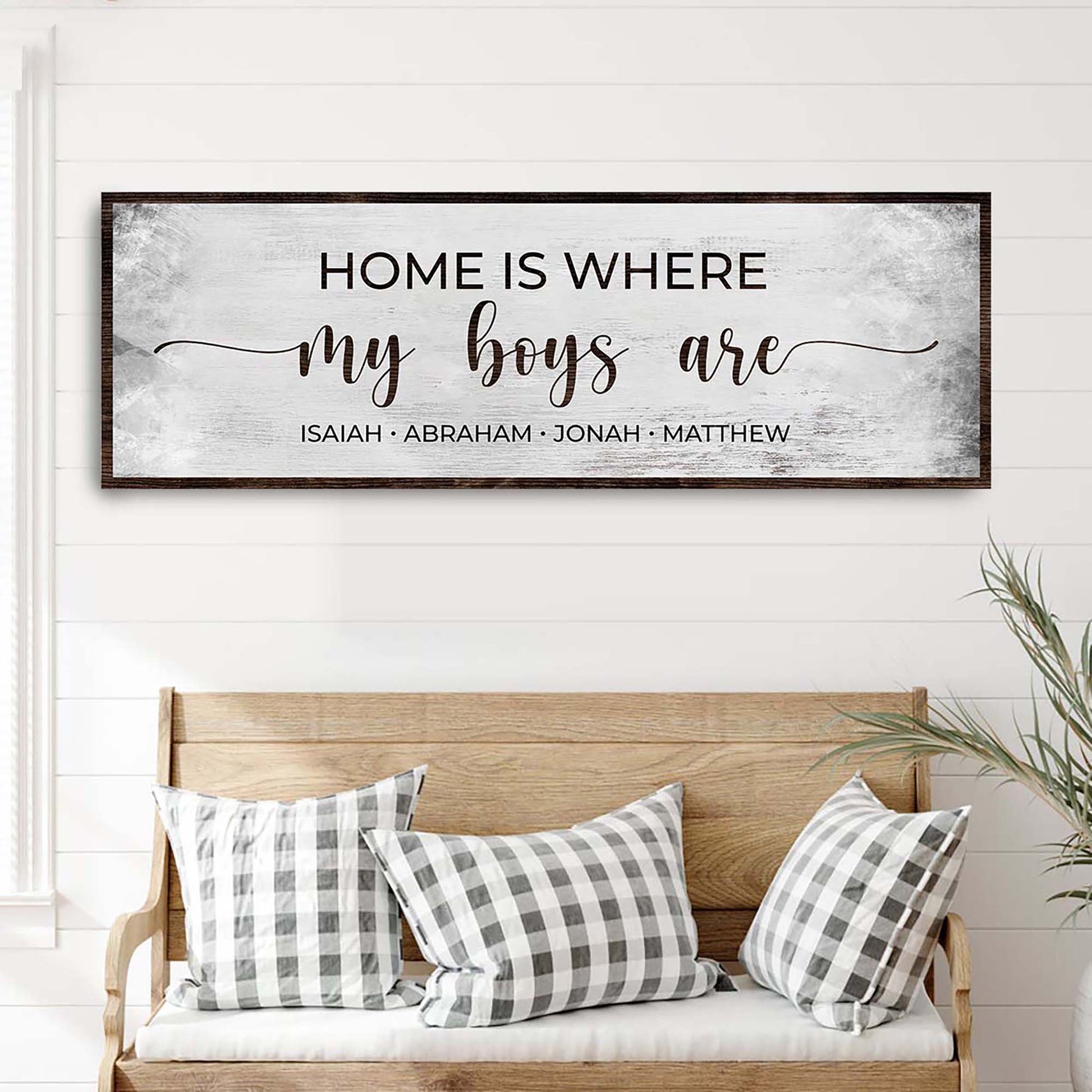 Home Is Where My Boys Are Sign II canvas with rustic distressed whitewash and dark wood frame on Tampa Home & Garden Store