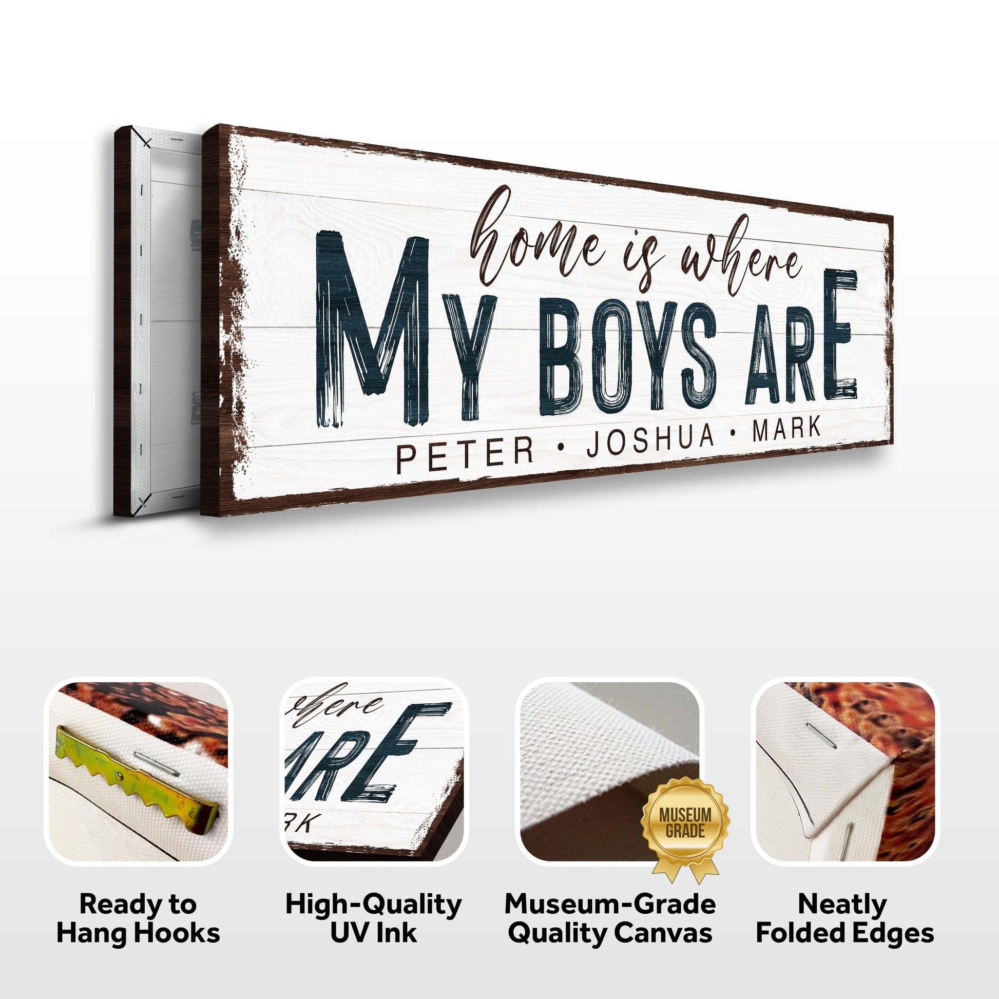 Home Is Where My Boys Are family sign canvas with navy lettering on brown frame Tailored Canvases on Tampa Home & Garden Store