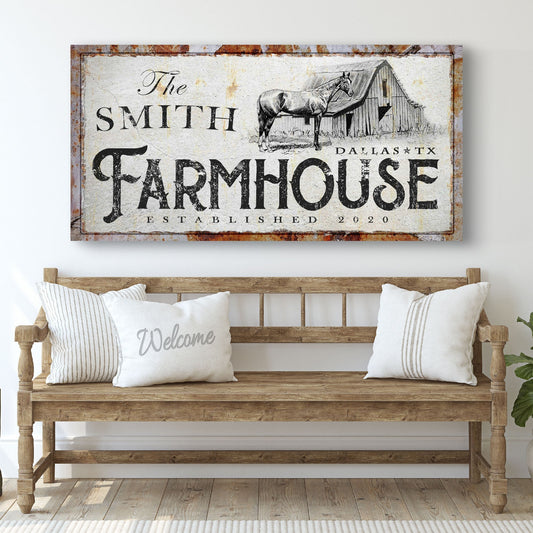 Rustic horse farmhouse canvas sign by Tailored Canvases with barn scene and distressed finish on Tampa Home & Garden Store