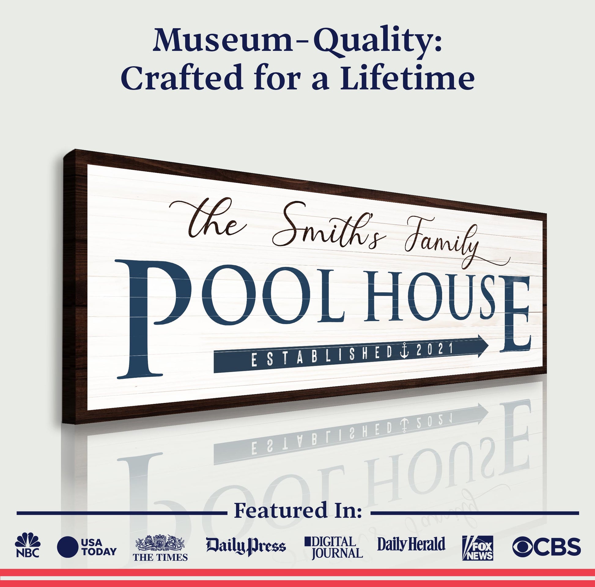 Family Pool House Sign canvas with dark wood frame, white plank background and navy lettering on Tampa Home & Garden Store